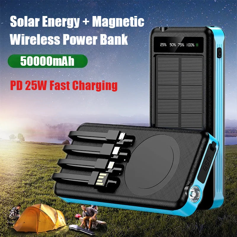 Solar Power Bank Comes with 4 Cables 50000mA Magnetic Wireless Fast Charging Mobile Supply Battery for iPhone Samsung