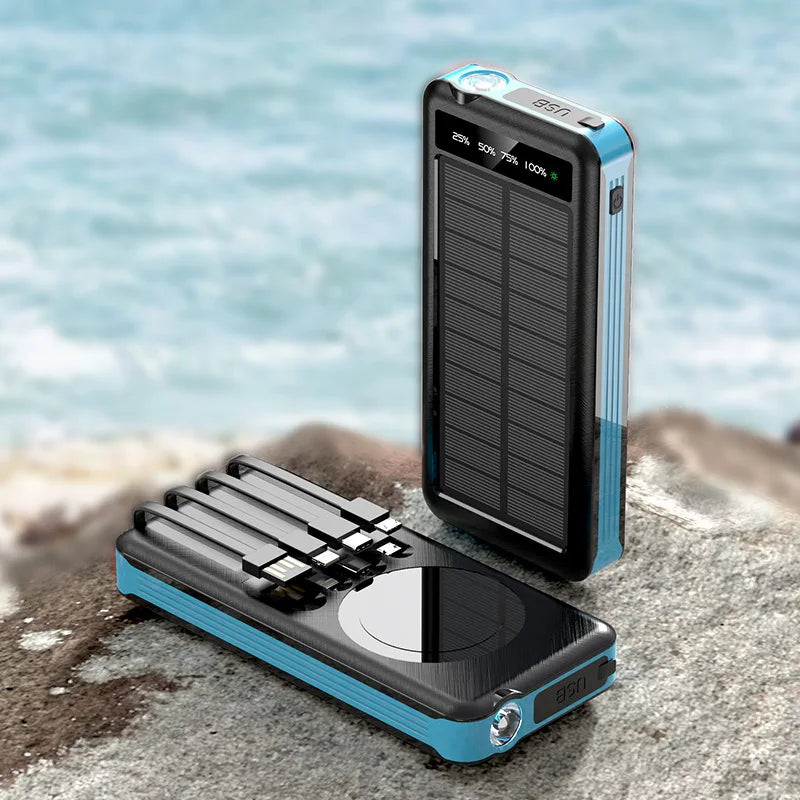 Solar Power Bank Comes with 4 Cables 50000mA Magnetic Wireless Fast Charging Mobile Supply Battery for iPhone Samsung
