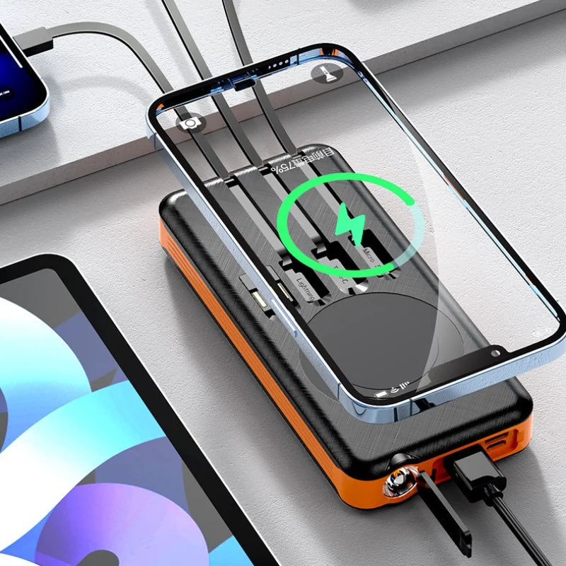 Solar Power Bank Comes with 4 Cables 50000mA Magnetic Wireless Fast Charging Mobile Supply Battery for iPhone Samsung