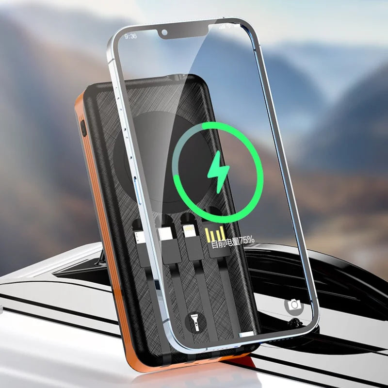 Solar Power Bank Comes with 4 Cables 50000mA Magnetic Wireless Fast Charging Mobile Supply Battery for iPhone Samsung
